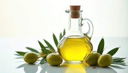 Elegant glass bottle filled with golden olive oil sits beside fresh green olives, leaves. This culinary ingredient represents healthy Mediterranean lifestyle, perfect for cooking, salads, dressings.