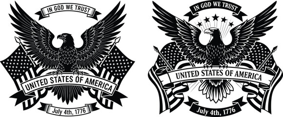 Black and white art showing bald eagle with USA flag banner and text