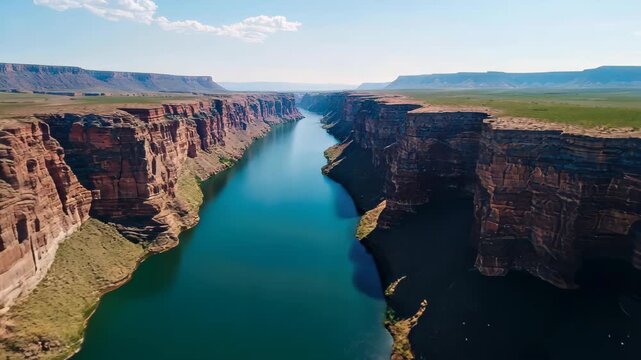 River through the Canyon: A vast, natural canyon carved over eons, the water's mirror-like surface reflecting the clear blue sky, and the rugged beauty of the rock formations.