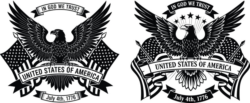 Black and white art showing bald eagle with USA flag banner and text
