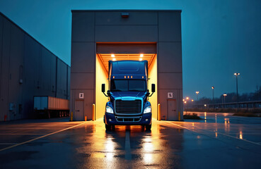 Blue semi truck backs into illuminated warehouse loading dock at night. Cargo transportation, logistics, distribution services vital for trucking industry. Wet asphalt reflects warm light from