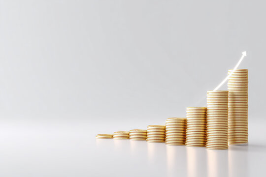 Stacked coins forming a financial growth chart with upward trend on a clean white background