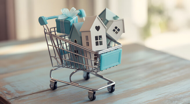 Property in Cart: miniature houses and a gift box in a shopping cart, conveying the concept of home ownership, real estate, and buying - Powered by Adobe