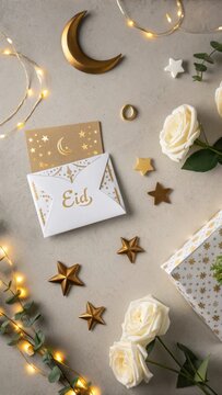 Elegant Eid celebration setup with glowing lights, roses, and golden stars