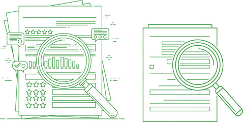 Business analysis line art illustration with magnifier, review stars, chart, and speech bubble