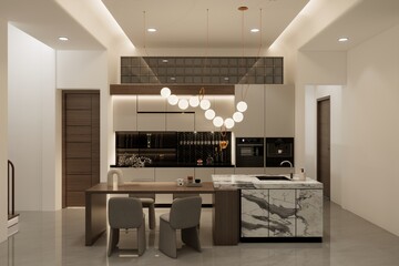 Contemporary Harmony A Kitchen Set with Bold Marble Accents, Artistic Lighting, and Natural Wood Finishes