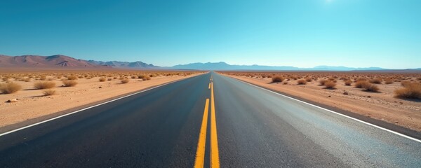 Empty desert highway road leading to distant mountains under a clear blue sky. Barren landscape with sparse bushes. Sense of journey, solitude, and exploration.