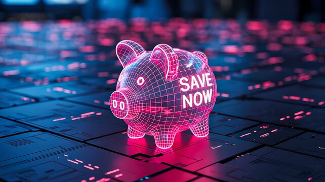 Digital piggy bank hologram with save now text for futuristic finance and savings concept