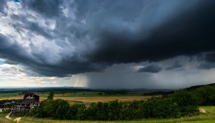 a dramatic and clear photo of a stormy sky with dark clouds and heavy rain pouring down over a landscape
