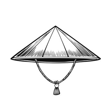 Asian conical hat illustration in black and white, traditional oriental headdress with chin strap tassel