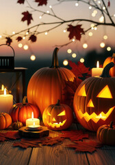 Fototapeta premium Spooky halloween night with jack o lanterns and autumn leaves