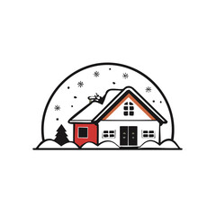 Fototapeta premium Cozy snow covered house illustration with a fir tree and falling snowflakes