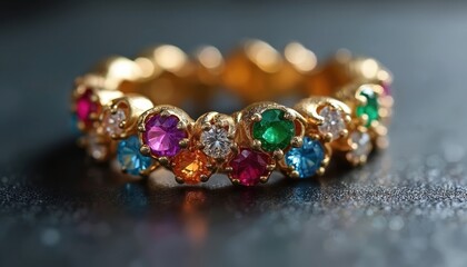 Exquisite gold ring vibrant band of multicolored gemstones. Luxurious accessory features round, polished gems in pink, green, blue, orange, accented by sparkling white stones. Unique, artisanal