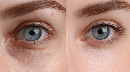 Obraz premium Before and after comparison showing cosmetic treatment effect on blue eyes to remove dark circles, swelling, and undereye bags.