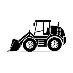 Naklejka premium Black silhouette of a powerful front end loader construction vehicle icon illustration