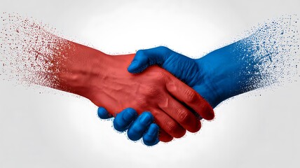 Red and blue hands shaking symbolizing unity and political agreement