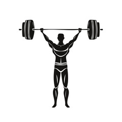 Fototapeta premium Muscular silhouette athlete lifting heavy barbell overhead in powerful weightlifting pose