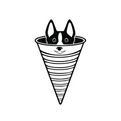 Adorable pet dog head smiling inside a striped geometric cone illustration