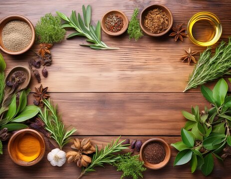 herbal ingredients frame on wooden background with center space top view thumbnail view