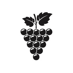 Stylized black silhouette of a bunch of grapes with two leaves and a stem.