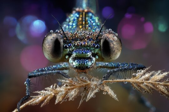 Magnificent Dragonfly Detail in Dew Drops