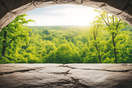 View through a stone archway onto a lush green forest landscape entrance opening - Powered by Adobe