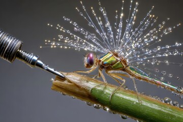 Dragonfly in Dew Drops - A Stunning Macro Shot