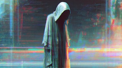 Digital art of a cloaked figure in a hood with an obscured face, surrounded by glitch effects