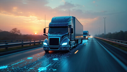 Connected trucks travel highway at dawn, displaying digital code. Autonomous vehicles represent future logistics, smart transportation technology. Automation, connectivity, data flow drive modern