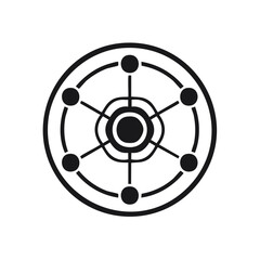 Obraz premium Abstract black and white icon of a central element connected to multiple points within a circular network system