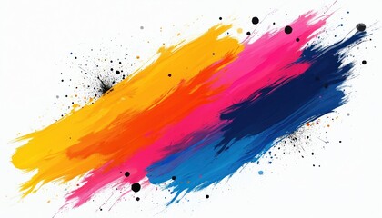 Vibrant abstract artwork features bold, diagonal strokes of yellow, orange, pink, blue paint. Splatters of black ink create dynamic contrast against clean white background. Energetic design offers