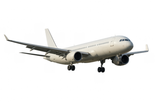 White passenger airplane landing with transparent background
