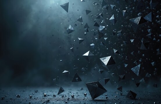 Abstract dark background features metallic triangular fragments, cosmic dust. Blue, grey, silver particles scatter in motion. Futuristic technology, science fantasy art. Sharp, edgy design creates