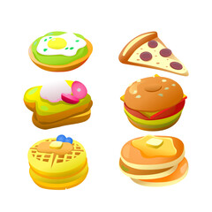 A colorful vector illustration of various foods including breakfast dishes like pancakes and waffles, snacks like pizza, burgers, topped toasties. Ideal for designs related to food and culinary topics