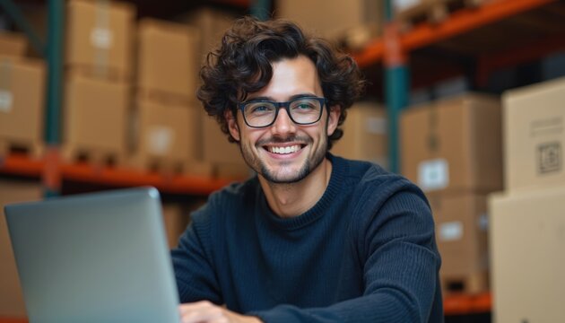 Smiling small business owner in warehouse works on laptop. Young entrepreneur manages inventory, utilizes technology for e-business, shipping, logistics. Confident man, curly hair, glasses,