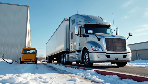 Modern silver semi-trailer truck undergoing weighing procedure on industrial platform in snowy conditions. Small yellow utility vehicle connected by cable. Clear blue sky above, wide cargo trailer