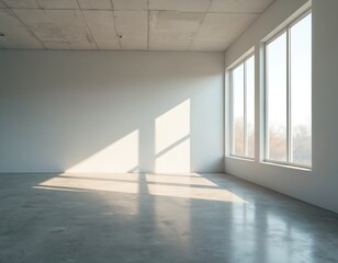 Fototapeta premium Minimalist interior room with bright natural light, concrete floor. Large windows offer view of trees. Modern architecture, empty space, clean design, perfect for architectural visualization home