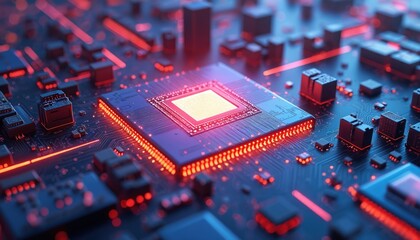 Abstract digital cityscape illustration, computer microchip forms city architecture with glowing neon pink, purple, orange lines. Futuristic technology design, complex circuit board pattern, vibrant