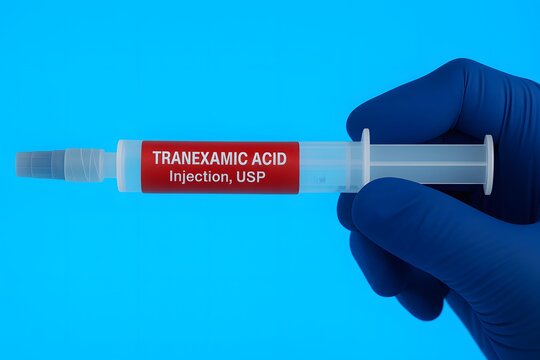 tranexamic acid usp injection in labeled syringe held by blue glove &mdash; isolated on clean medical blue background, ideal for hospital, trauma, emergency, or pharmaceutical design use