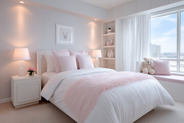 Cozy bedroom with soft pink accents, plush bedding, and natural light from large window