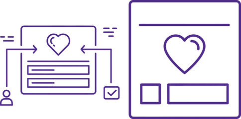 Line art of online dating form and profile page with heart icon