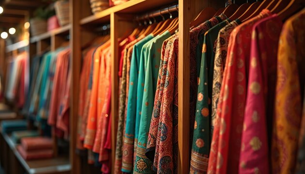 Vibrant Indian sarees displayed on racks in cozy store. Rich colors, intricate patterns, luxurious silk fabrics showcase ethnic culture, traditional art. Perfect for wedding, festival, festive wear.
