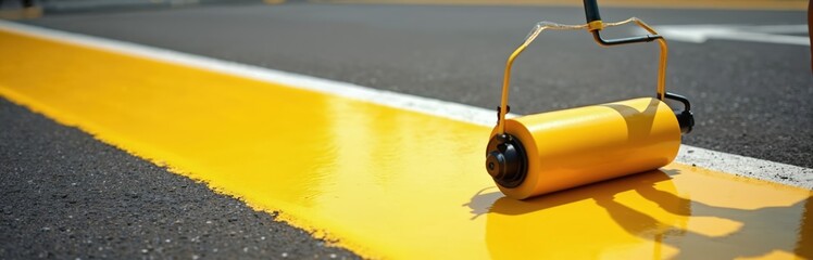 Obraz premium Yellow road marking paint applied with roller on asphalt. Line painting for traffic management and safety. Infrastructure maintenance with precision coating and urban work.