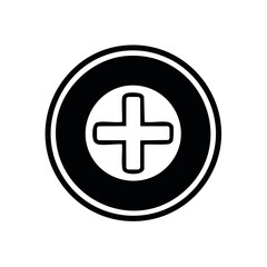 Obraz premium Bold black and white plus sign icon inside a circle symbolizing medical care addition and positive growth