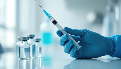 Fototapeta premium Blue gloved hand holds syringe with needle. Several medicine vials in background. Focus on medical instrument for vaccination, injection, and treatment. Science and healthcare research.