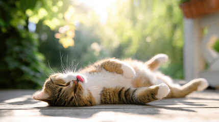 Playful tabby cat lounging in sunlit garden, enjoying a peaceful moment of relaxation