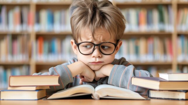 A weary boy with a frown struggles with homework surrounded by books in a school library, feeling overwhelmed and frustrated.
