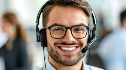 Friendly operator assists clients over the phone, showcasing excellent support skills while working in a bright office.