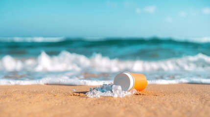 Obraz premium Litter on the beach fills the shore with waste, from plastic bottles to empty cans, harming marine life and ecosystems.