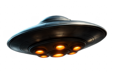 Unidentified flying object hovering with glowing lights on transparent background